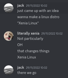 The conception of Xenia Linux in a Discord DM